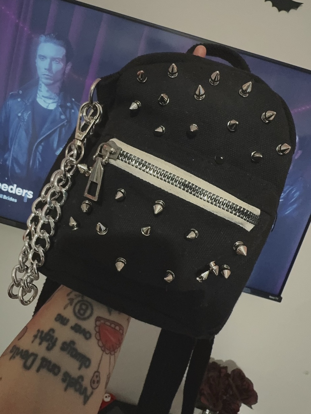 Black Studded Mini Backpack with Chain Accent